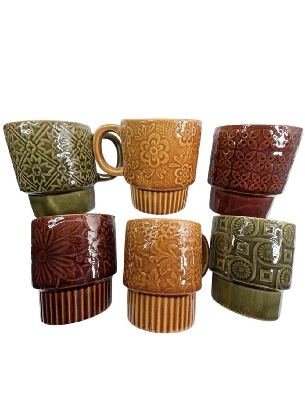 Vintage 1970s Mid-Century Modern Retro Japenese Stacking Ceramic Mugs 6 Pieces